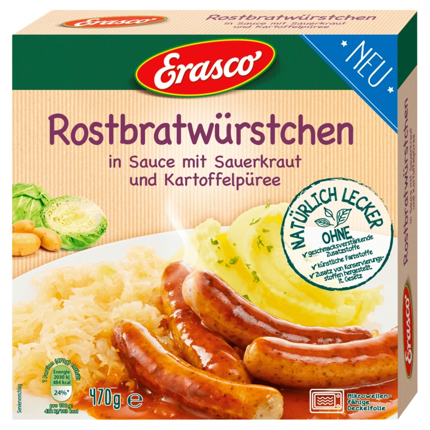 Erasco Rostbratwürstchen in Sauce mit Sauerkraut und Kartoffelpüree 470g